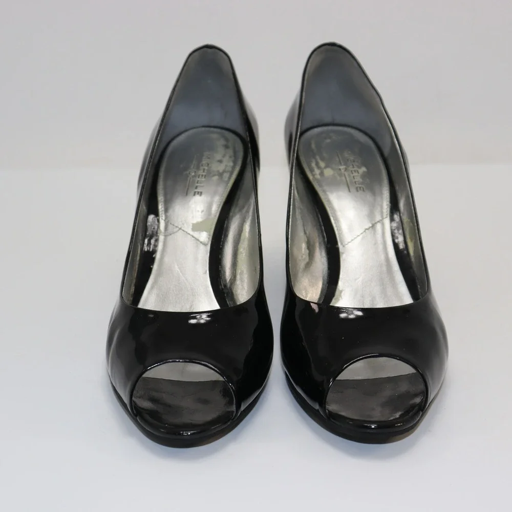 Michelle‎ D Peep Toe Wedge 7.5 Black Womens Leather Patent Classic